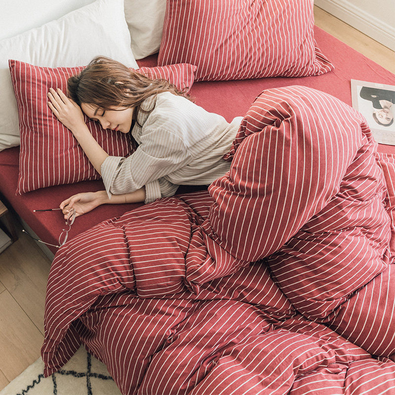 Japanese-style Tianzhu cotton naked sleeping four-piece set Simple striped knitted cotton Cotton Cotton Cotton quilt bed Single bedding