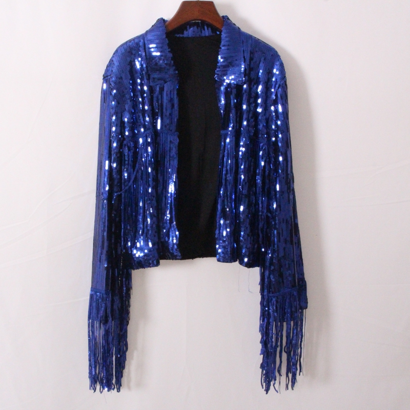 Blue Sequin Fringe Jacket for Men, Loose Fit, Long Sleeves, Plus Size, Dance Performance Outfit, Nightclub Shiny Jacket
