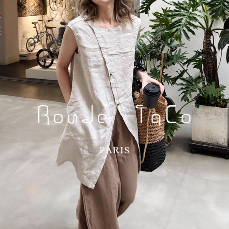 Rouje Taco Retro Slit Linen Shirt for Women, Summer Loose Casual Mid-Length Diagonal Button Sleeveless Top Rouje Taco Retro Slit Linen Shirt for Women, Summer Loose Casual Mid-Length Diagonal Button Sleeveless Top