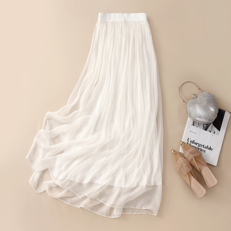 White Silk Pleated Skirt with a Large Hem and Drapey A-Line Silhouette, Ankle-Length, Slimming Mulberry Silk Fairy Skirt