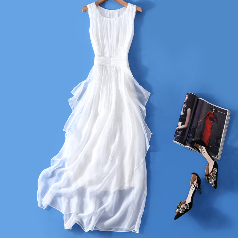 Silk Dress Summer 2026 New Beach Dress Seaside White Dress Sleeveless Vest Long Dress Fairy Dress Flowing