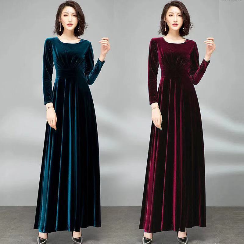Women's Plus Size Solid Color 2024 Spring and Autumn Velvet Long-Sleeve Dress, Waist-Cinching, Slimming, Elegant, Flared Long Dress for Women Women's Plus Size Solid Color 2024 Spring and Autumn Velvet Long-Sleeve Dress, Waist-Cinching, Slimming, Elegant, Flared Long Dress for Women