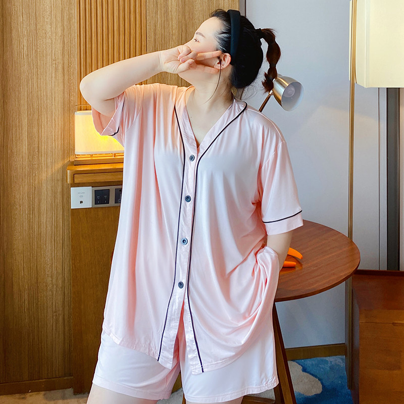 200 kg plus size short-sleeved shorts two-piece summer casual comfortable pajamas loose home wear suit cardigan women