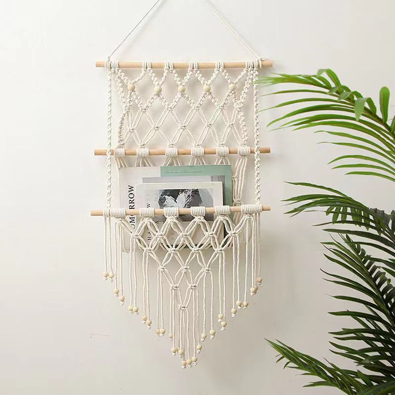 Nordic Style Handmade Woven Storage Bag Bedside Entryway Background Wall Homestay Woven Tapestry Hanging Storage Bag