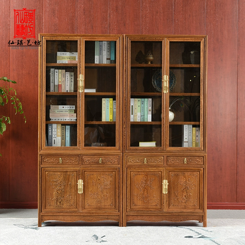 Mahogany nội thất cánh gà tủ sách học bằng gỗ với cửa cổ Trung Quốc tủ sách gỗ rắn tủ sách kết hợp miễn phí tủ kính - Buồng