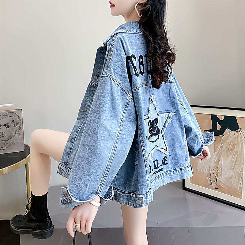 This Year's Popular Denim Jacket for Women, New Spring and Autumn Style, Internet Celebrity Hot Item, Loose Casual Personality Embroidered Long-Sleeve Top