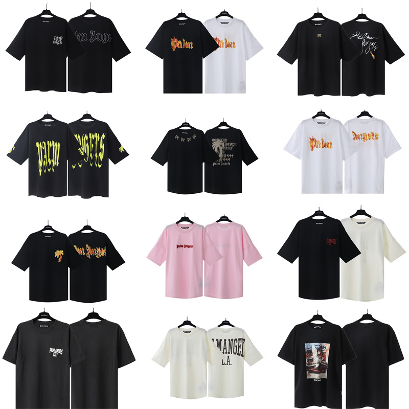 Correct Version Palm Angels Cross-Border Splash-Ink Letter Print Round Neck Short-Sleeve Loose-Fit In-Stock T-Shirt