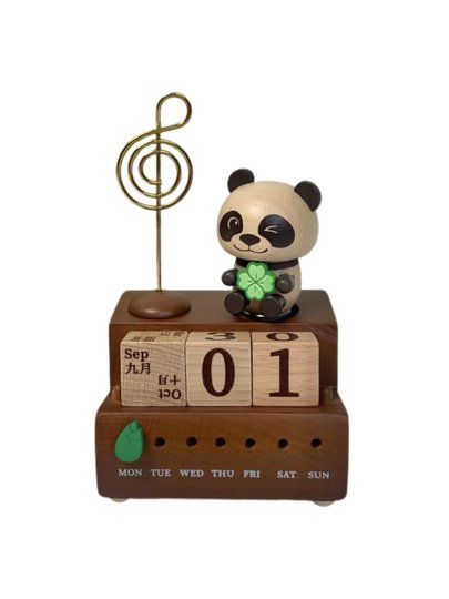 创意摆件熊猫日历八音盒木质品玩具节日礼物万年历音乐盒发条手动