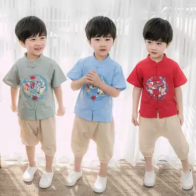 Boys baby cotton and linen 2 summer Hanfu suit new Tang suit 1-3 and a half years old 5 children 6 Chinese style two-piece set 12