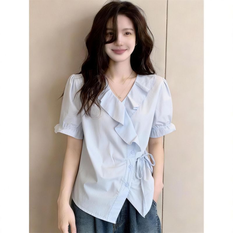 Irregular V-Neck Ruffled Tie-Up Shirt for Women, Summer Plus Size, Korean Style, Fashionable and Slimming Shirt
