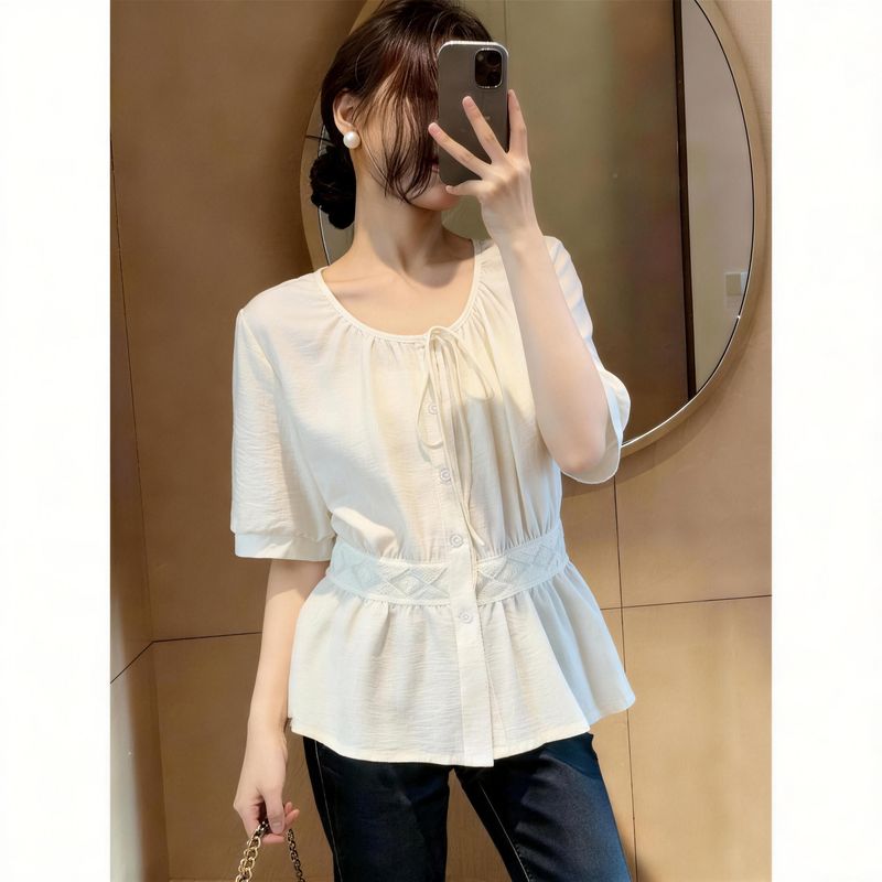 Round Neck Lace-Up Embroidered Waist-Cinching Shirt for Women, Summer Plus-Size, Elegant and Slimming Versatile Top for Curvy Women