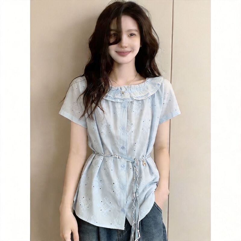 French-Style Ruffled Lace Embroidered Tie-Up Shirt for Women, Summer Plus-Size, Elegant and Slimming Top for Curvy Women
