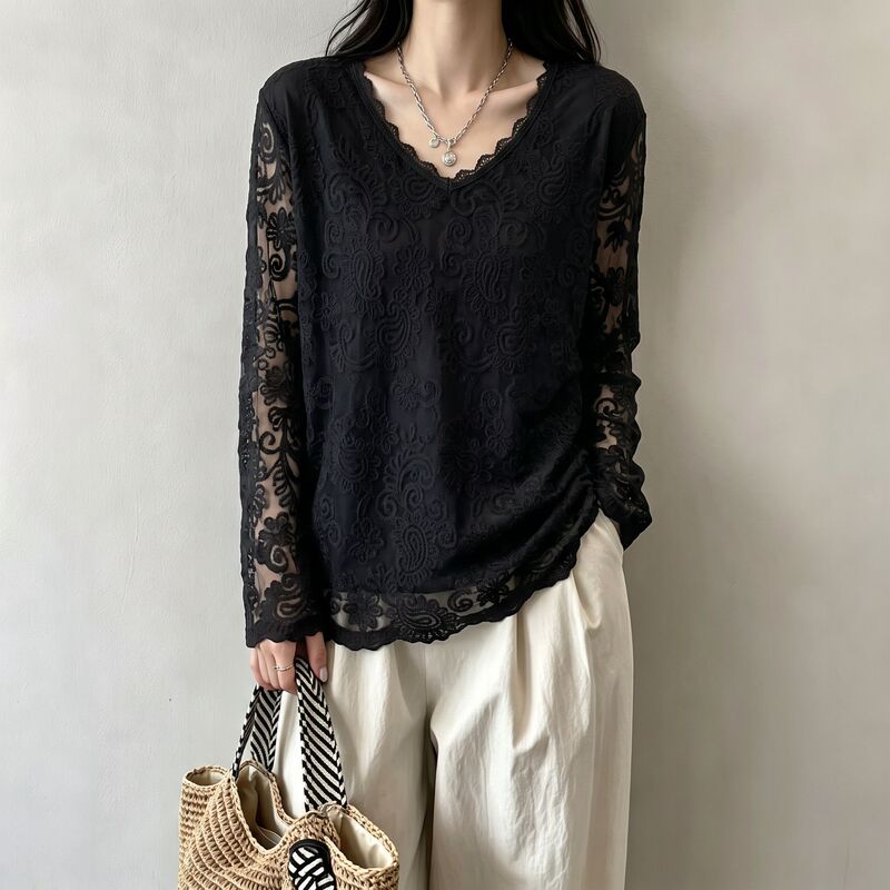 Korean Style V-Neck Lace Blouse for Women 2026 Autumn Plus Size Loose Fit Embroidered Long-Sleeve Top Korean Style V-Neck Lace Blouse for Women 2026 Autumn Plus Size Loose Fit Embroidered Long-Sleeve Top