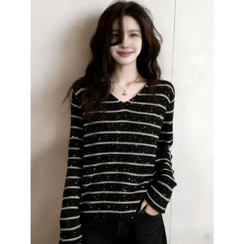 Korean Style Lazy Style Contrasting Color Striped Sequin T-Shirt for Women Spring Wear Plus Size Casual Youthful Temperament Knitwear for Fat Girls