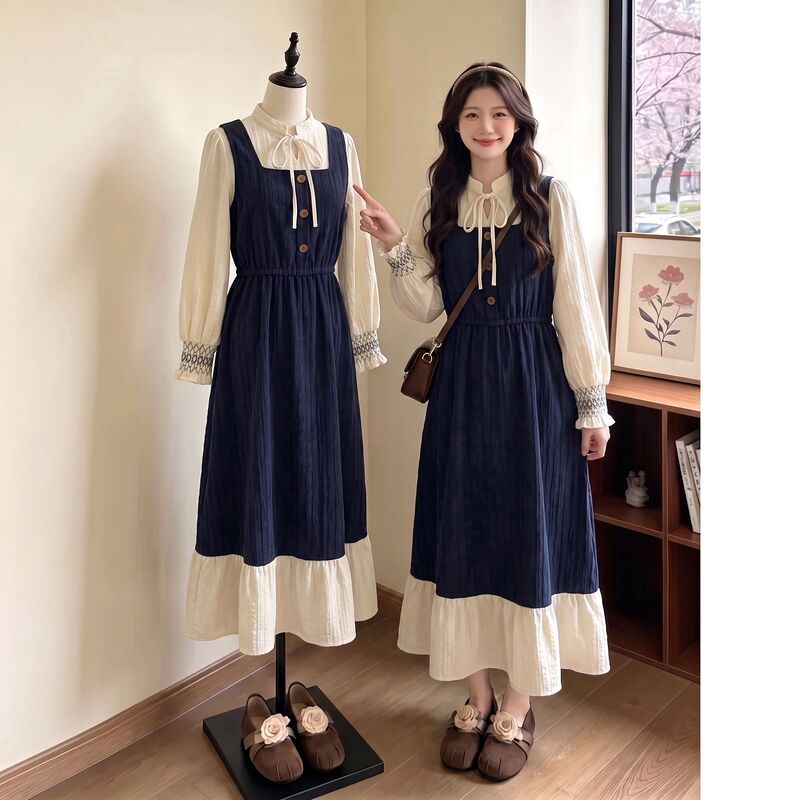 Korean-Style Preppy Two-Piece Vest-Style Long Dress for Women, Autumn Plus-Size, Slimming Embroidered Lantern Sleeve Dress