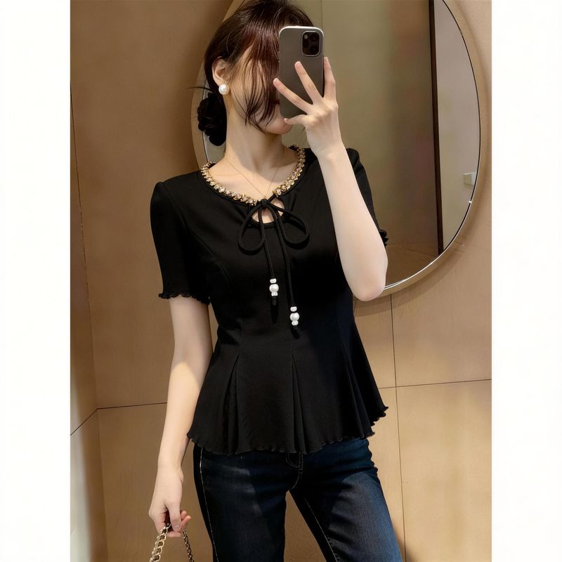 Chanel-Style Sequin Embroidered Tie-Waist Top for Women, Summer Plus-Size, Stylish and Versatile, Slimming and Elegant T-Shirt