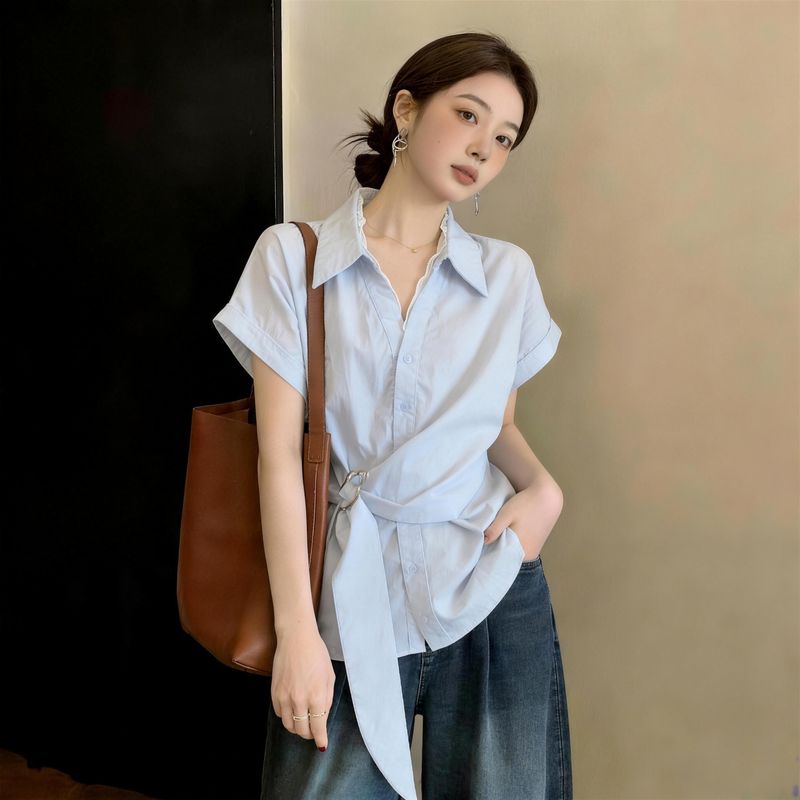 Irregular Lapel Lace Patchwork Tie-Waist Shirt for Women, Summer Plus Size, Versatile, Elegant, Slimming Top