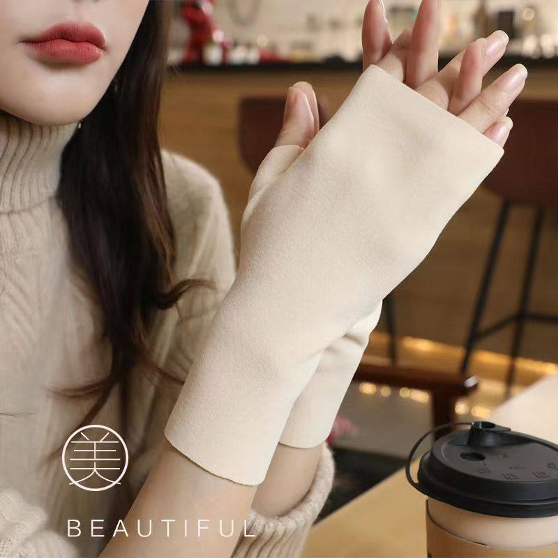 Self-heating Develvet semi-finger glove female autumn winter warm and cold proof student writing office typing leakage finger head-Taobao