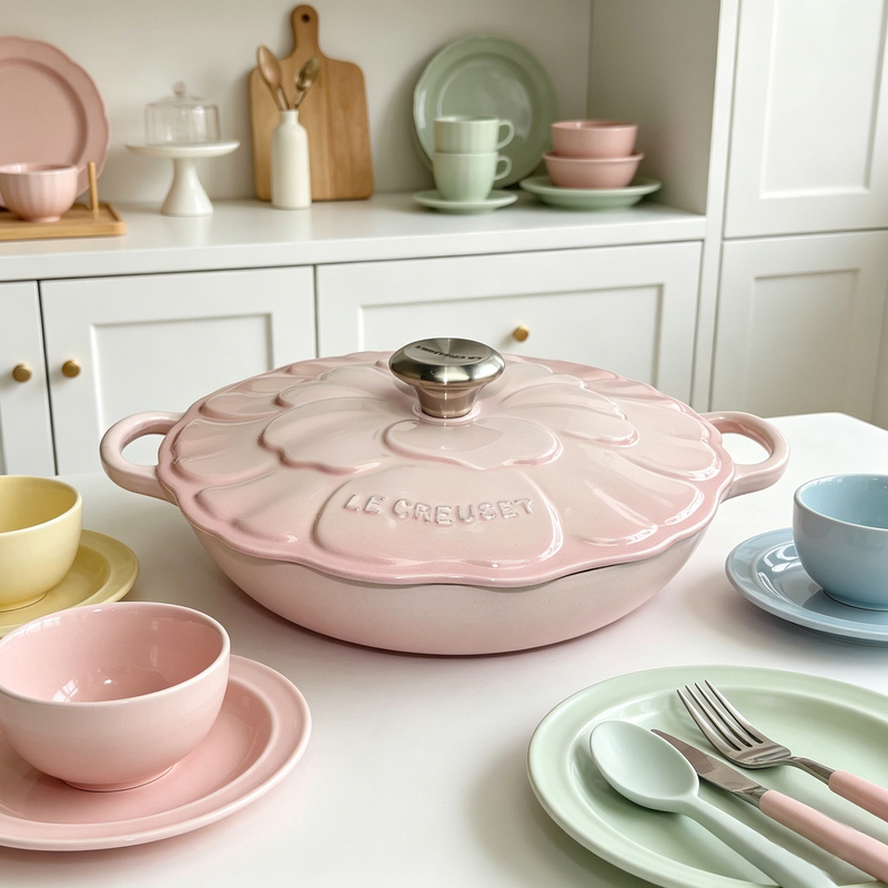 Cool Color Le Creuset Enamel Cast Iron Pot Berry Rose Gold/Shell Pink & Sea Salt Color Halloween Pumpkin Pot