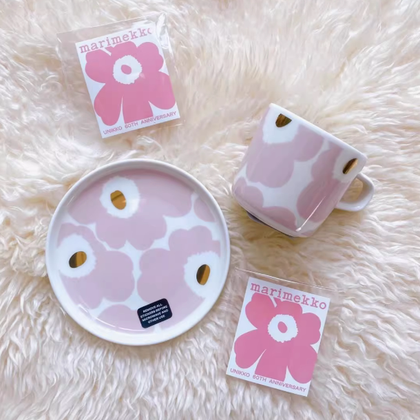Japan Limited Edition Marimekko Unikko Pink Gold Coffee Cup/Mug/Round Plate/Small Bowl