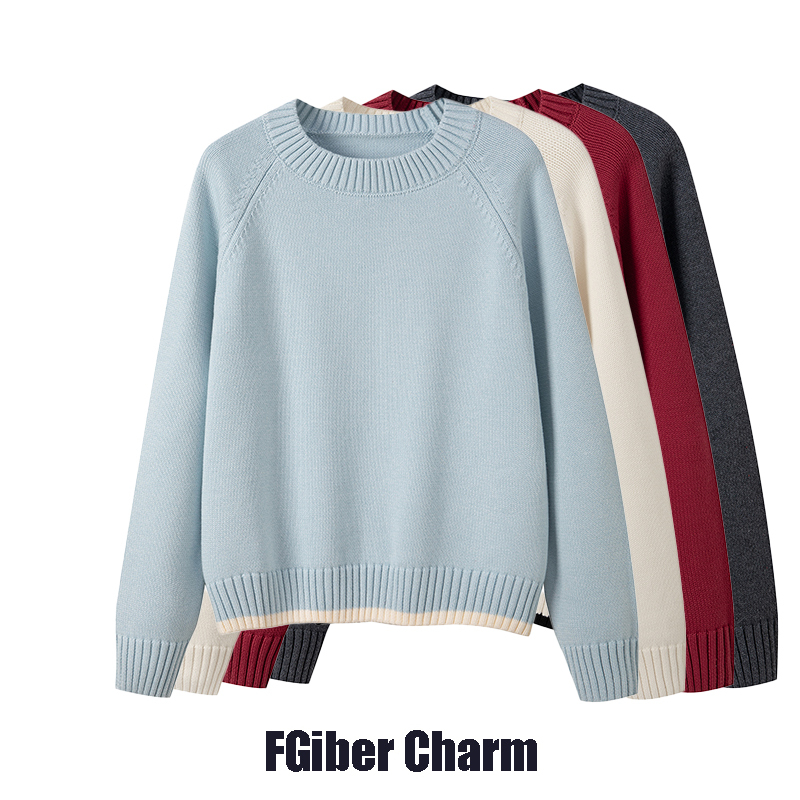 100% Cotton Light Sky Blue Sweater for Women, Autumn and Winter, Round Neck, Loose Cotton Thread Basic Style, Raglan Sleeves, Long-Sleeved Knitwear