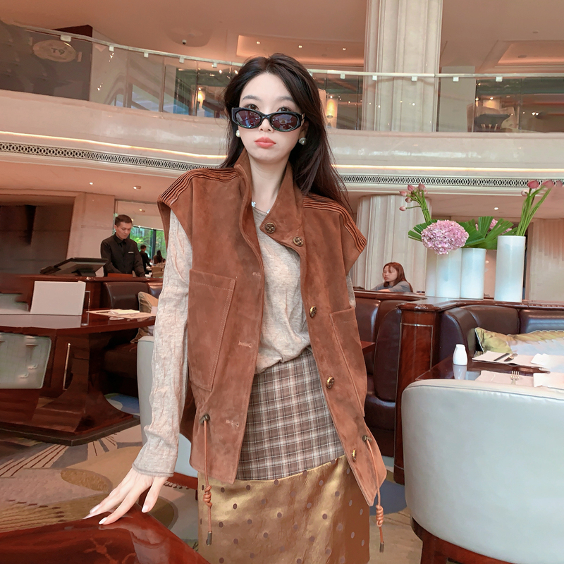 From Yi【Caramel Old Memories】 Sheepskin Suede Top Women's Autumn and Winter Vest Melard Color Series Korean Style Jacket
