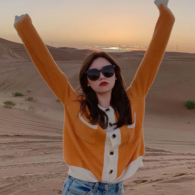 grid studio Japanese small fragrant wind knitted jacket female spring and autumn sweet fresh Joker short sweater cardigan