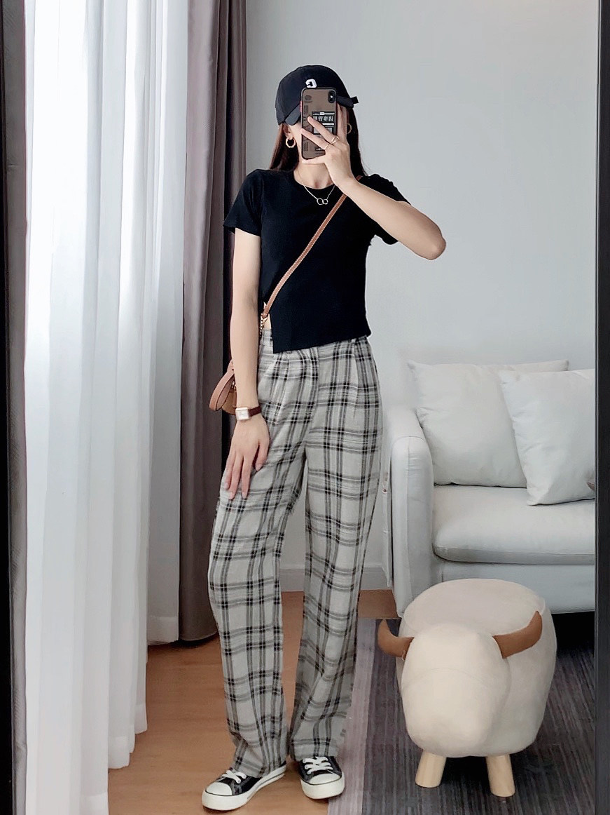 VEEE plaid pants women's summer thin straight tube hanging high thin black and white grid high waist suit wide leg slacks