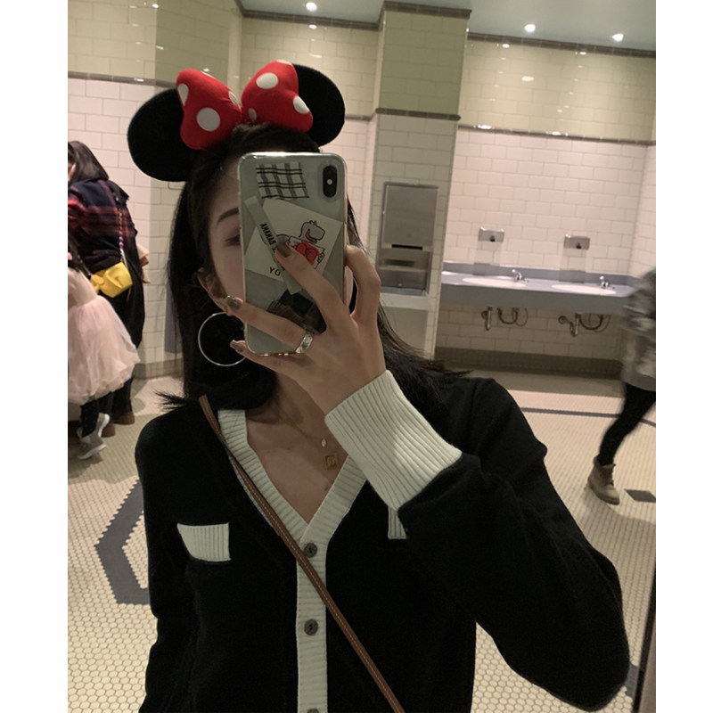 grid studio small fragrant sweater cardigan spring and autumn black and white color short thin coat coat