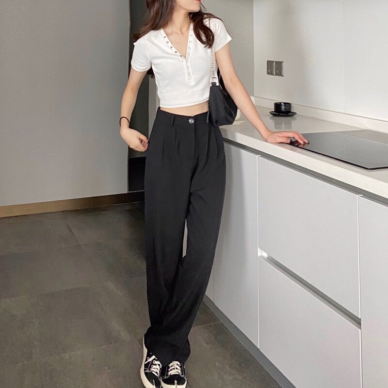 grid studio suit pants women's spring and summer small tall waist was tall, thin and drooping loose straight casual pants