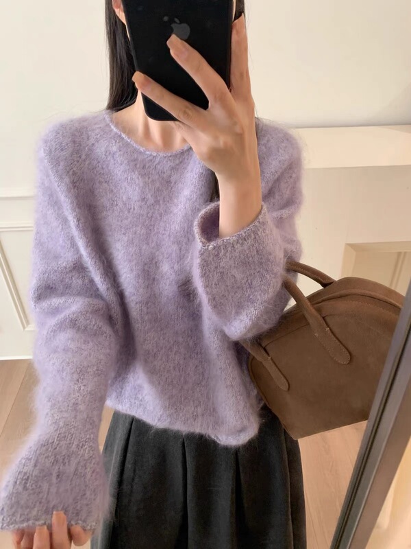 Bonnet Simple Korean Style Autumn and Winter Rolled-Edge Floral Yarn Brushed Blend Knit Sweater for Women with Round Neck