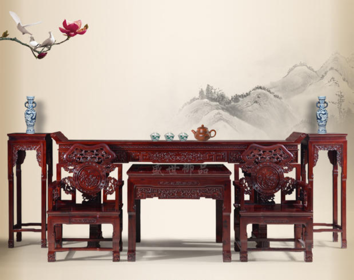 Nội thất gỗ gụ, gỗ hồng mộc châu Phi, Zhongtang, vỏ lớn, nấm linh chi, bàn tám người bất tử, bàn, bốn bộ kết hợp sảnh - Bàn / Bàn bàn trà nhật