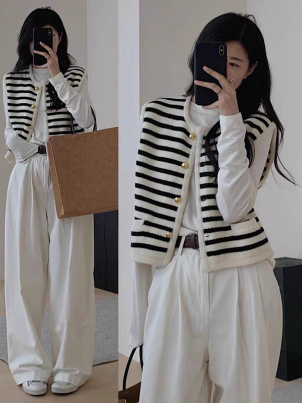 Tweed Style Black and White Stripesd Sleeveless Knitted Vest Jacket for Women, Spring & Fall Cardigan, Outer Wear, Sweater Vest