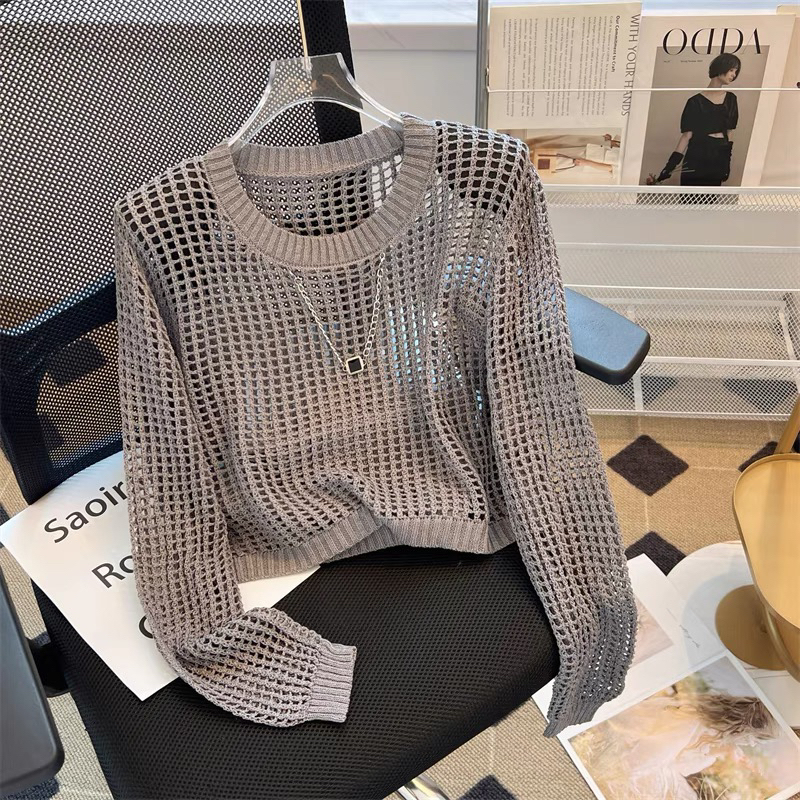 European Style Mesh Hollow Knit Sweater for Women, Early Autumn New European Style Sun Protection Cover-Up, High-End Short Chain Top