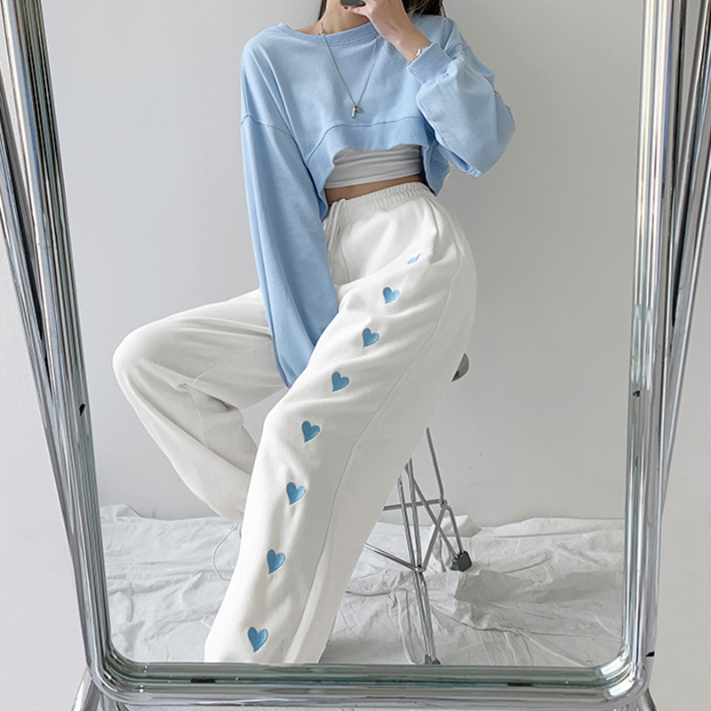 ins Heart Embroidered Loose Jogger Sweatpants for Women, Spring/Summer New Style, Internet Celebrity Hot Girl Street Style Wide-Leg Sweatpants Trend