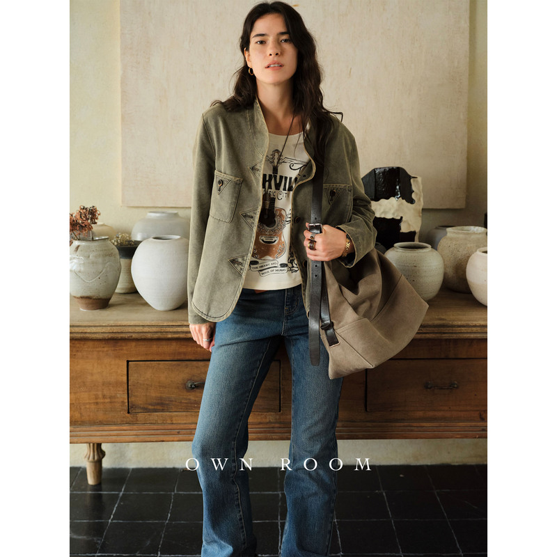 Ownroom Limited Edition American Western Retro Style Heavy Distressed Small Stand Collar Work Jacket Ownroom Limited Edition American Western Retro Style Heavy Distressed Small Stand Collar Work Jacket