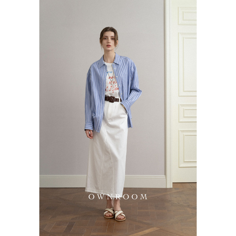 [in Stock] Ownroom Italian Summer Style Off-White High-Waisted Straight Long Denim Skirt Imported from Turkey