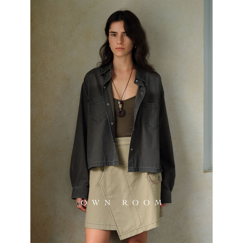 [in Stock] Ownroom Urban College Turkish Imported Material Washed Vintage Black and White Striped Short Jacket