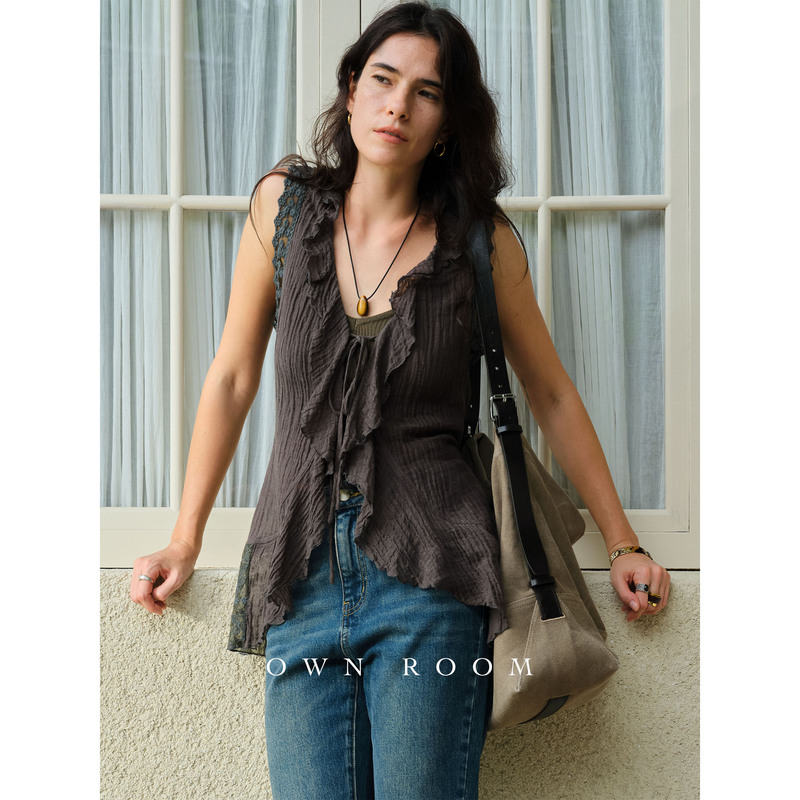Ownroom Wandering Poet 70S Hippie Style Pleated Cotton and Linen Patchwork Lace Hem Sleeveless Vest