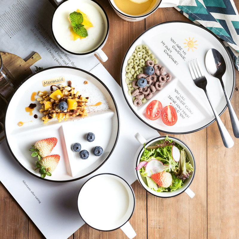 One Person Eating Cutlery Breakfast Pan Ceramic Mesh Red Nordic Ins Wind Home Divided Meals Children Sub-Bowl Suit-Taobao