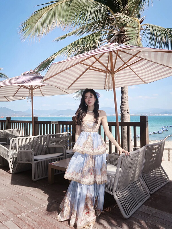 Xinjiang Travel Outfit Bohemian Exotic Style Stunning Vacation Spaghetti Strap Heavy-Duty Dress Women's Summer Long Dress