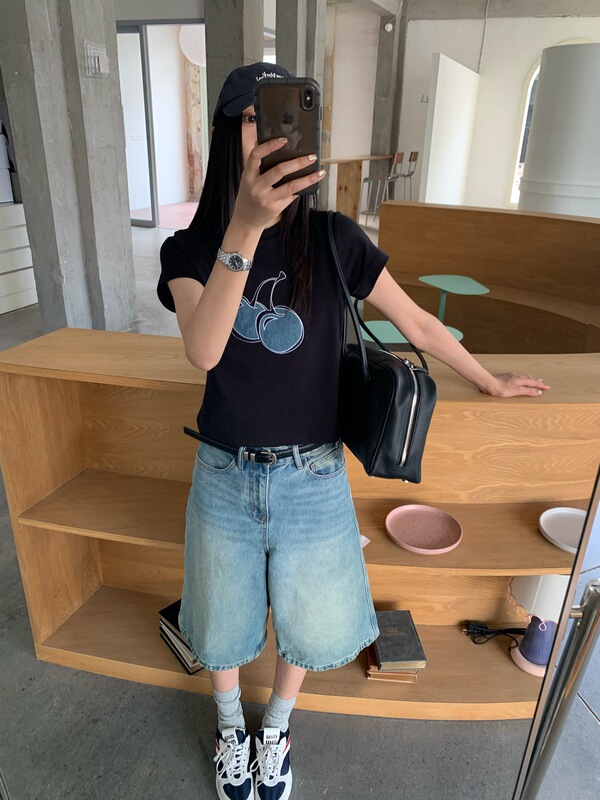 Tlisa 26 New Design with Cherry Print Basic Stretch Short-Sleeve Top, Spicy Girl Style