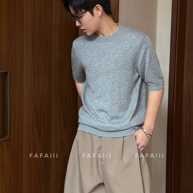 Fafaiii Soft Wool Blend Two-Tone Old Money Style Ribbed Cuff Casual Knit T-Shirt Short Sleeve Relaxed Versatile