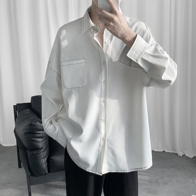 Net red long sleeve shirt male spring and autumn Korean version Trend High feeling light and luxurious shirt Lazy White Ruffin's Fried Street Jacket
