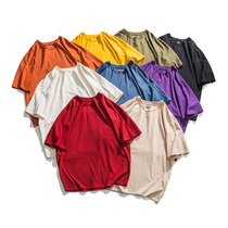  Chiguji retro heavy solid color loose cotton round neck short-sleeved T-shirt Japanese kachi men and women tide oversize