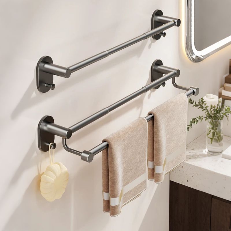 No-Drill Bathroom Towel Rack, Bathroom Storage Rack, Towel Hanging Rod, Single/Double Rod Bath Towel Storage Shelf