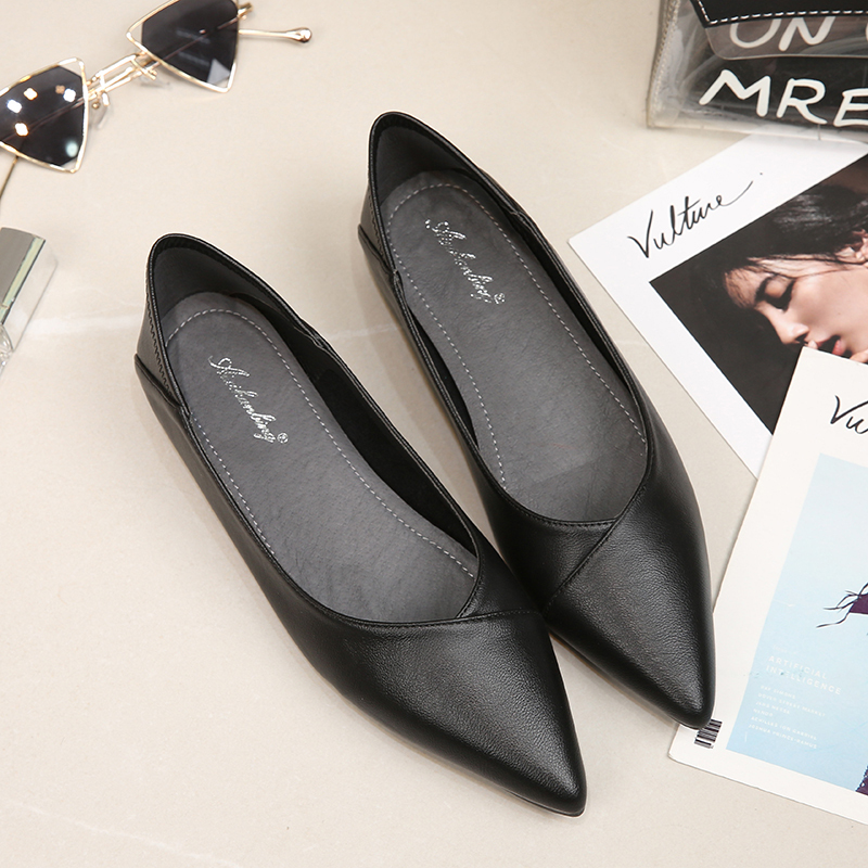 23 Spring New Style Cowhide Pigskin Breathable Fashionable Versatile Black Pointed Toe Flat Shoes Soft Sole Professional Work Shoes for Women