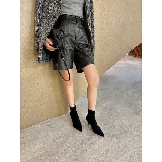 SUPERQUEEN is extremely slim ~ pointed toe feminine suede pointed toe slim boots stiletto high heel short boots elastic boots