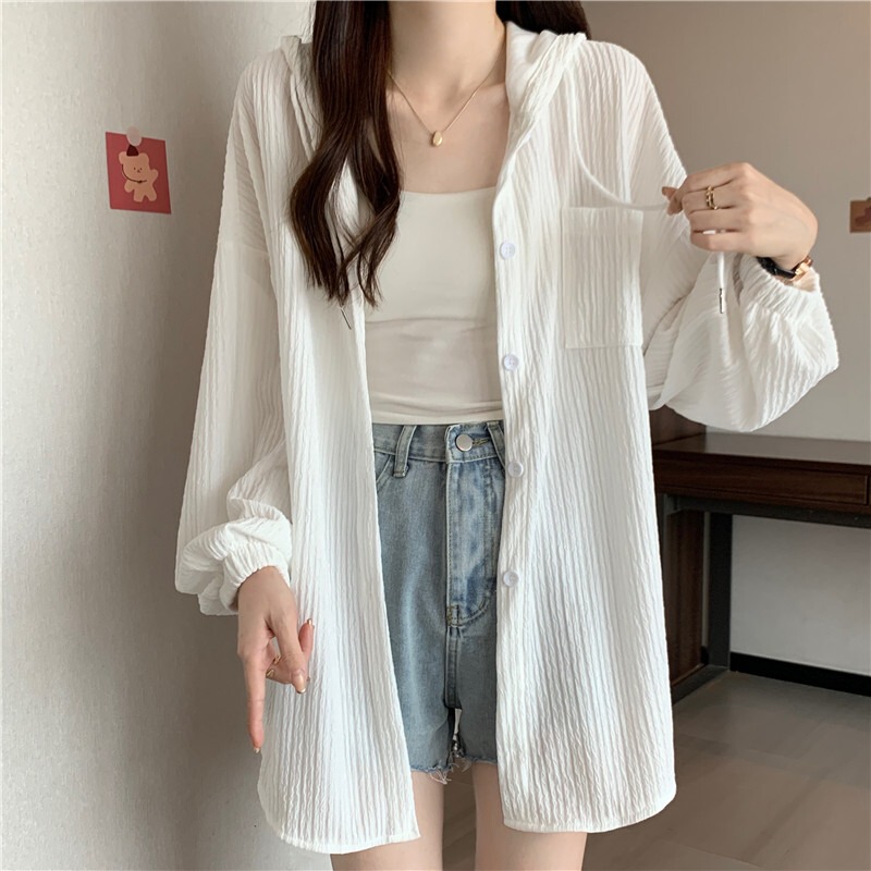 Plus Size Loose Fit Slimming Lazy Style Sun Protection Shirt Jacket for Women Spring and Summer Hooded Thin Mid-Length Top
