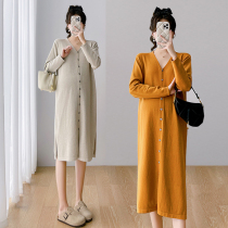 Maternity dress autumn and winter v-neck pregnancy loose knee-length sweater for going out long temperament bottoming sweater skirt
